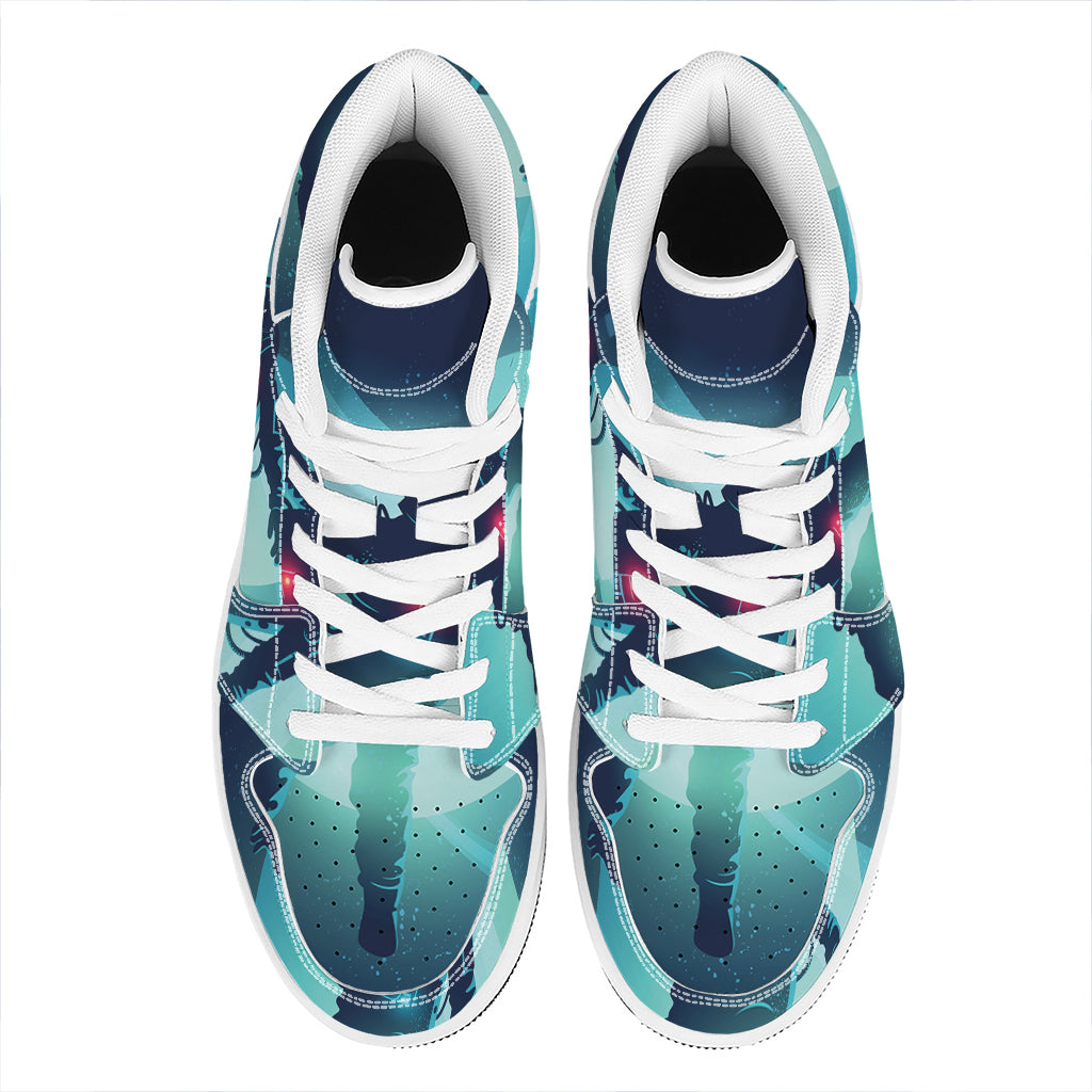 Astronaut Floating Through Space Print High Top Leather Sneakers