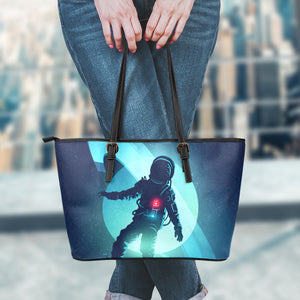 Astronaut Floating Through Space Print Leather Tote Bag