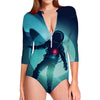 Astronaut Floating Through Space Print Long Sleeve Swimsuit
