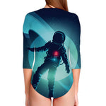 Astronaut Floating Through Space Print Long Sleeve Swimsuit