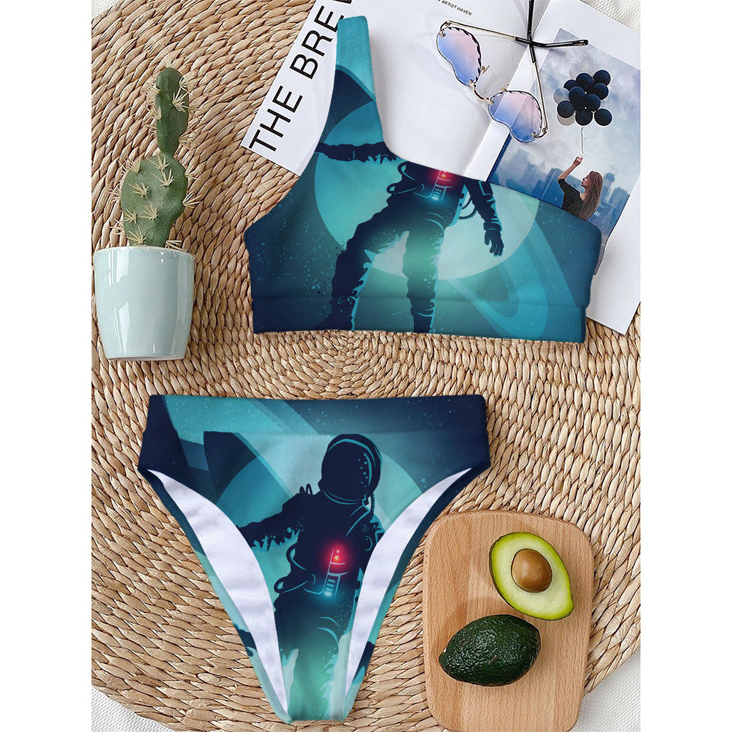 Astronaut Floating Through Space Print One Shoulder Bikini Top