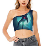 Astronaut Floating Through Space Print One Shoulder Crop Top