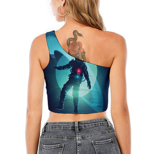 Astronaut Floating Through Space Print One Shoulder Crop Top