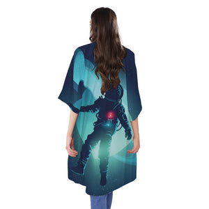 Astronaut Floating Through Space Print Open Front Beach Cover Up