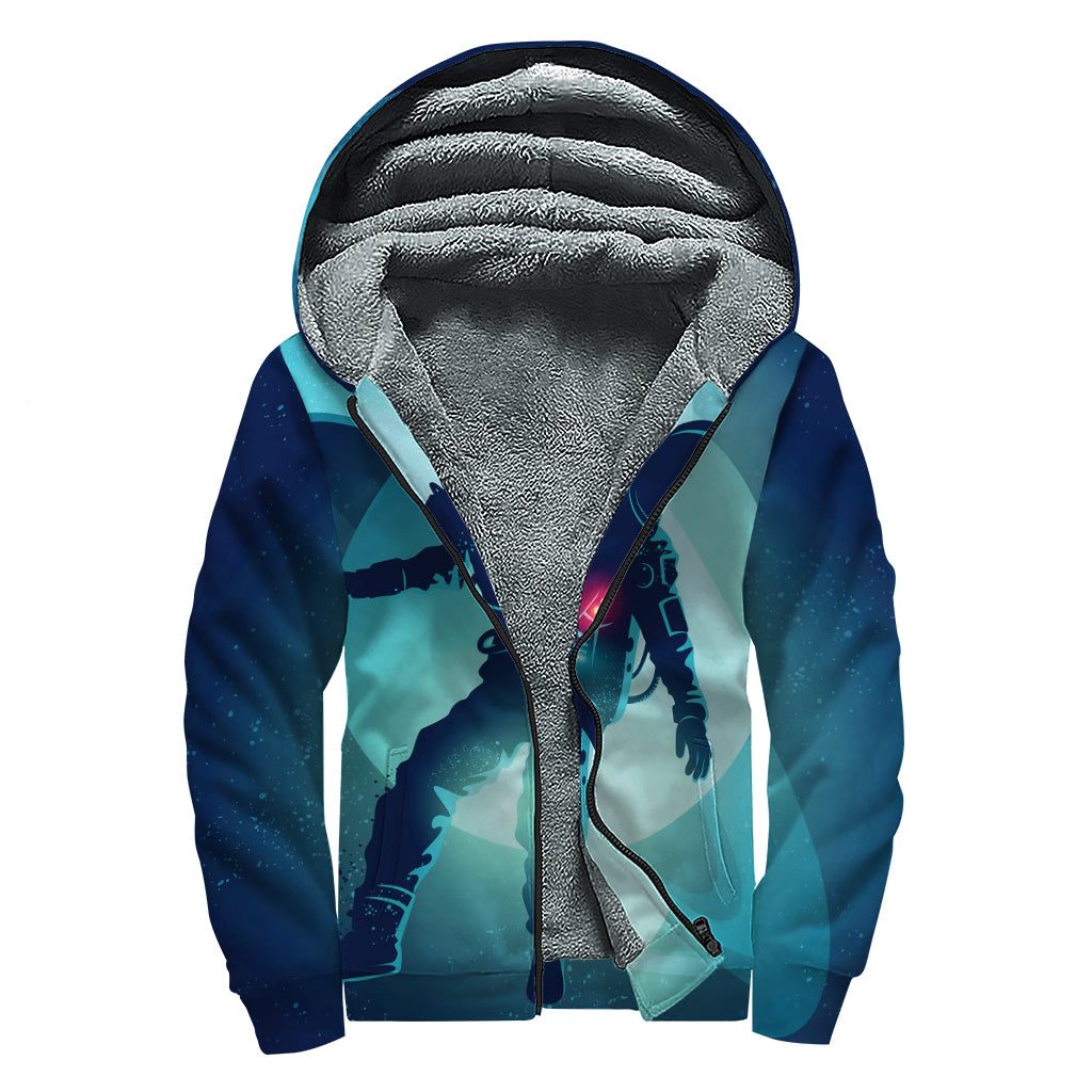Astronaut Floating Through Space Print Sherpa Lined Zip Up Hoodie