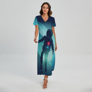 Astronaut Floating Through Space Print Short Sleeve Maxi Dress