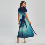 Astronaut Floating Through Space Print Short Sleeve Maxi Dress