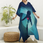 Astronaut Floating Through Space Print Silk V-Neck Kaftan Dress