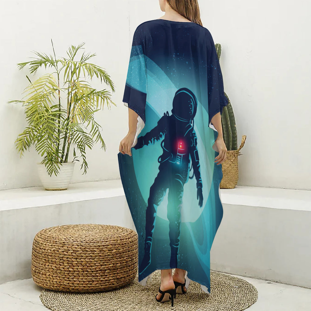 Astronaut Floating Through Space Print Silk V-Neck Kaftan Dress