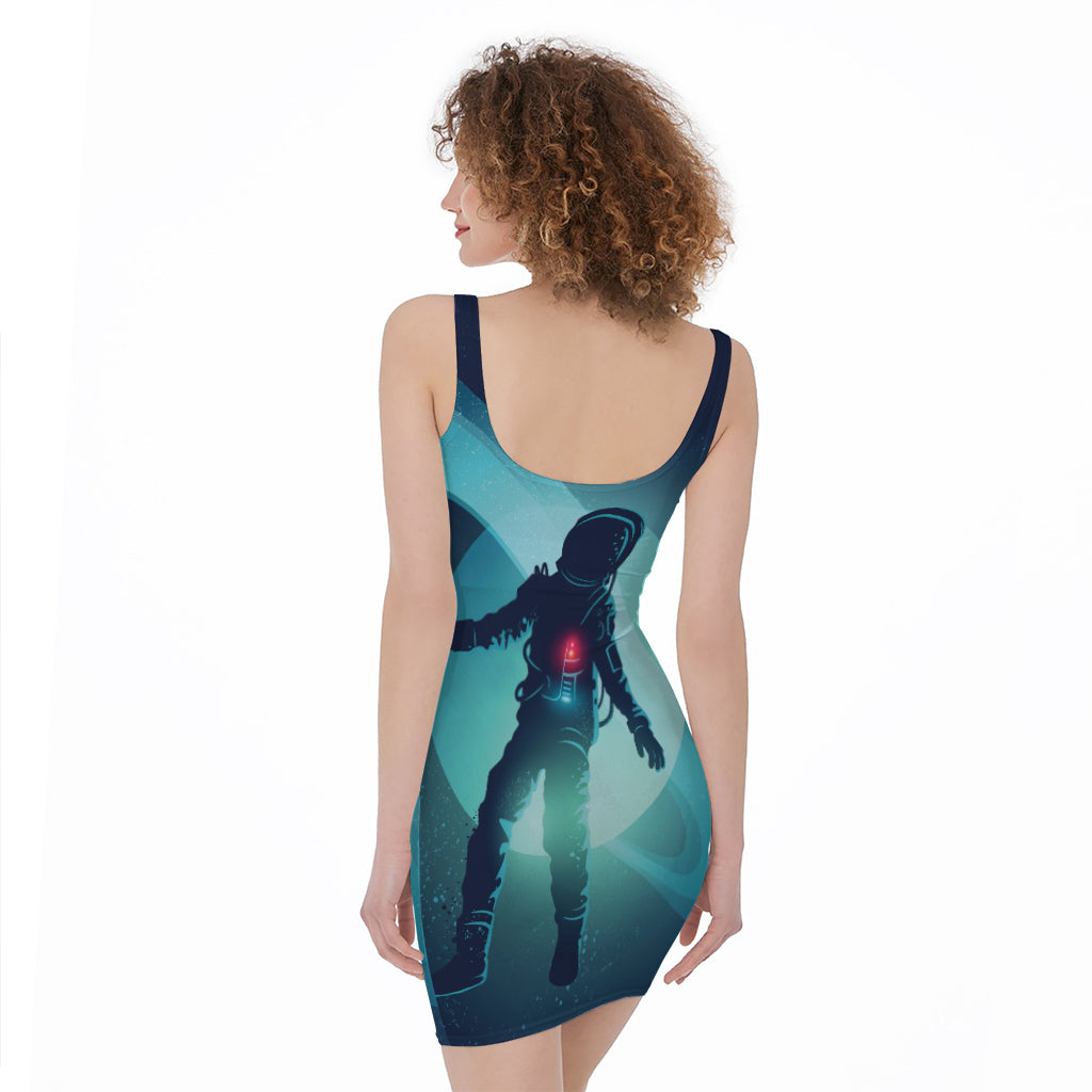 Astronaut Floating Through Space Print Sleeveless Bodycon Dress