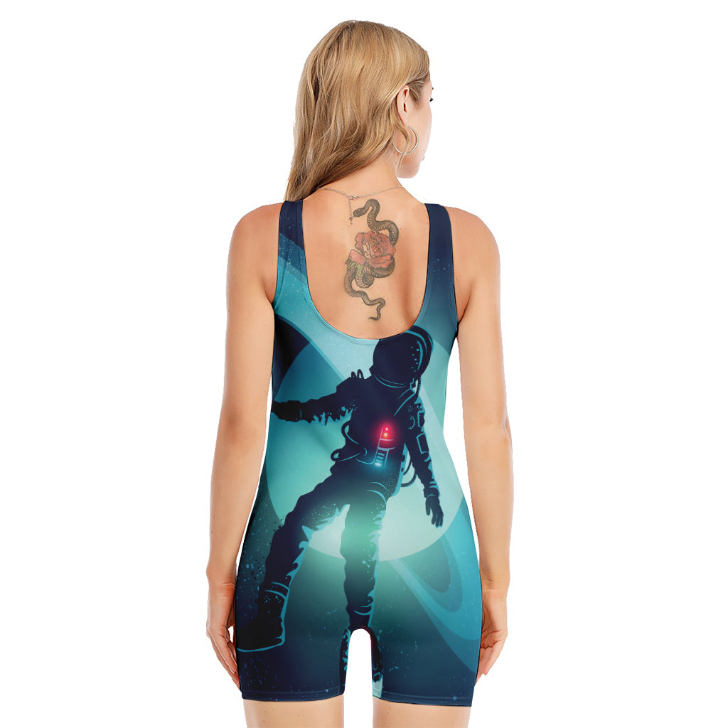 Astronaut Floating Through Space Print Sleeveless One Piece Swimsuit