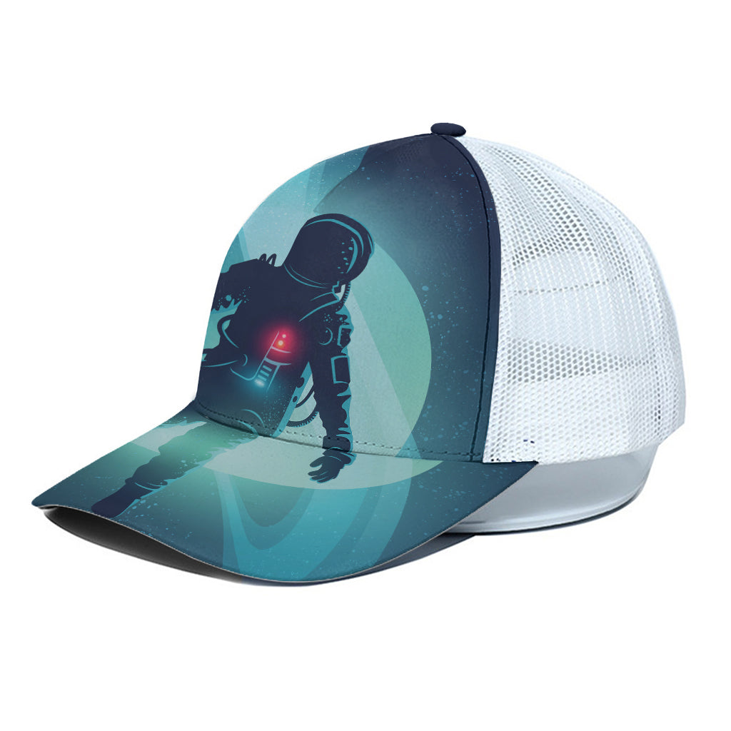 Astronaut Floating Through Space Print White Mesh Trucker Cap