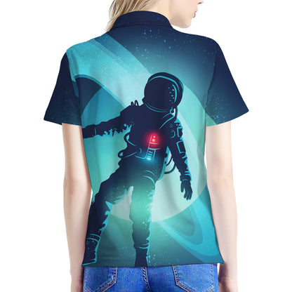 Astronaut Floating Through Space Print Women's Polo Shirt