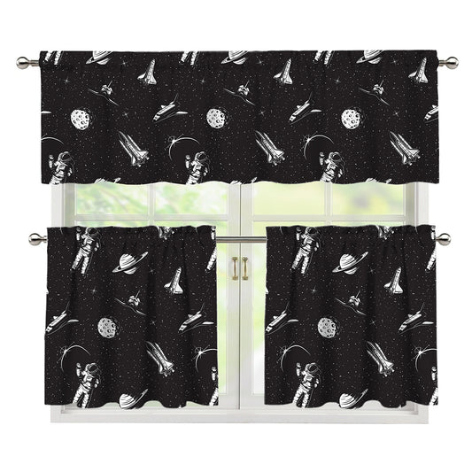 Astronaut In Space Pattern Print 3 Piece Kitchen Curtains