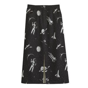 Astronaut In Space Pattern Print Cotton Front Slit Maxi Skirt