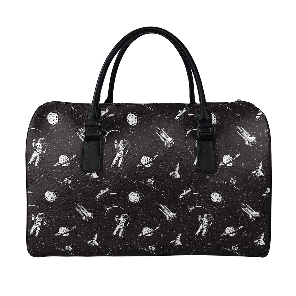 Astronaut In Space Pattern Print Leather Duffle Bag
