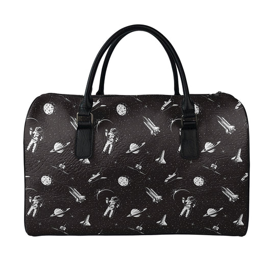 Astronaut In Space Pattern Print Leather Duffle Bag
