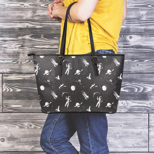 Astronaut In Space Pattern Print Leather Tote Bag