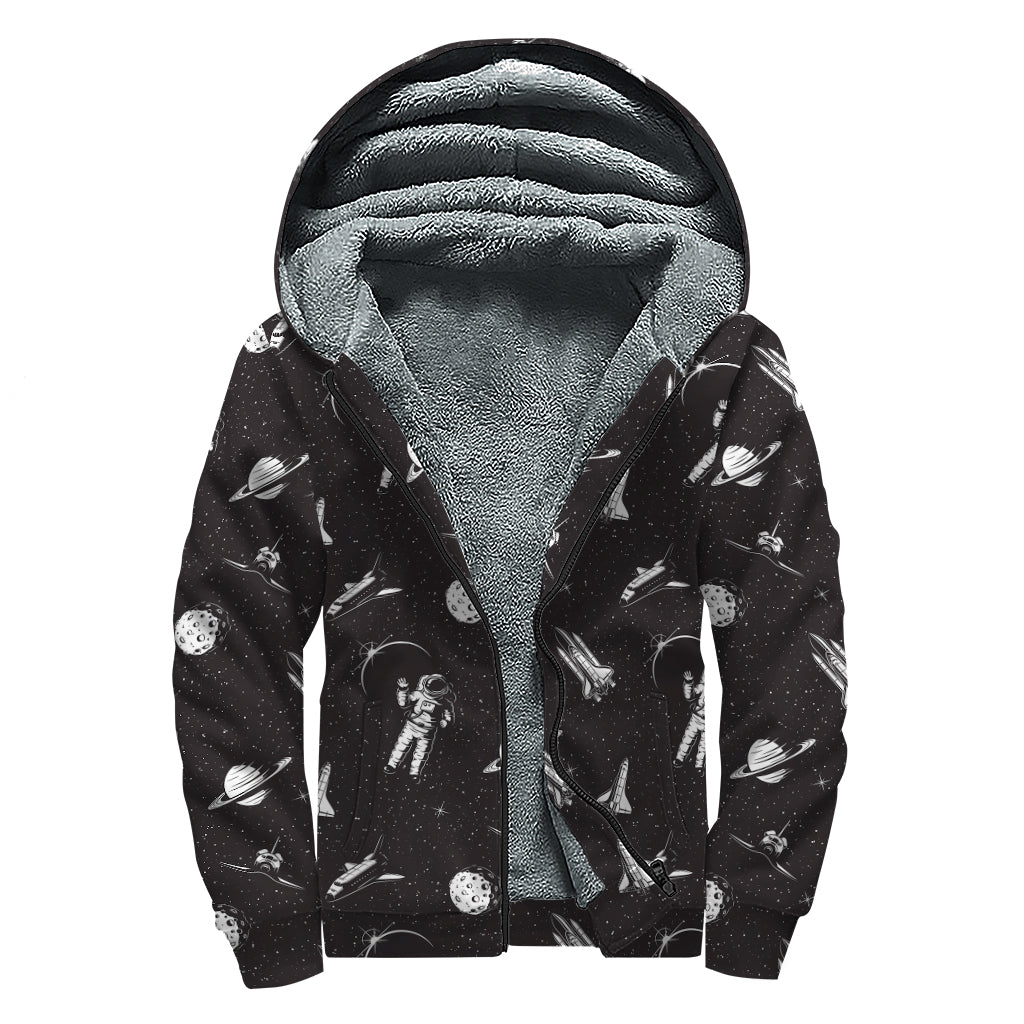 Astronaut In Space Pattern Print Sherpa Lined Zip Up Hoodie
