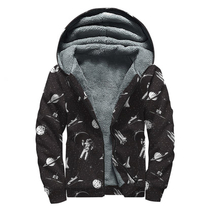 Astronaut In Space Pattern Print Sherpa Lined Zip Up Hoodie