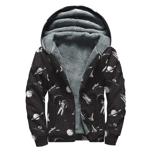 Astronaut In Space Pattern Print Sherpa Lined Zip Up Hoodie