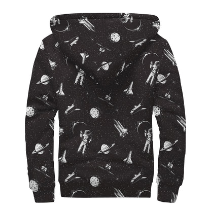 Astronaut In Space Pattern Print Sherpa Lined Zip Up Hoodie
