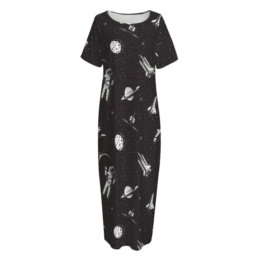 Astronaut In Space Pattern Print Short Sleeve Long Nightdress