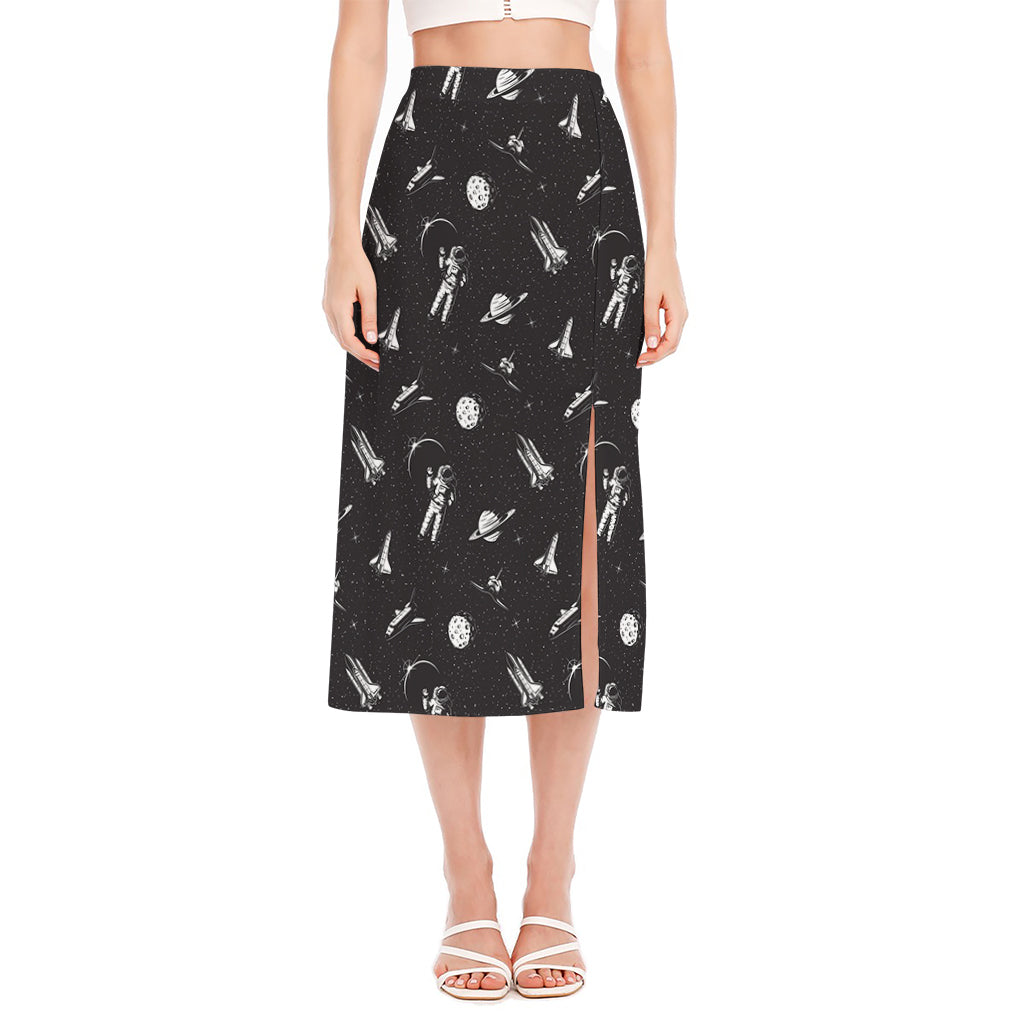 Astronaut In Space Pattern Print Side Slit Midi Skirt