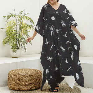 Astronaut In Space Pattern Print Silk V-Neck Kaftan Dress