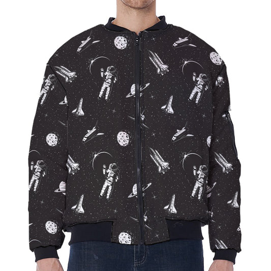 Astronaut In Space Pattern Print Zip Sleeve Bomber Jacket
