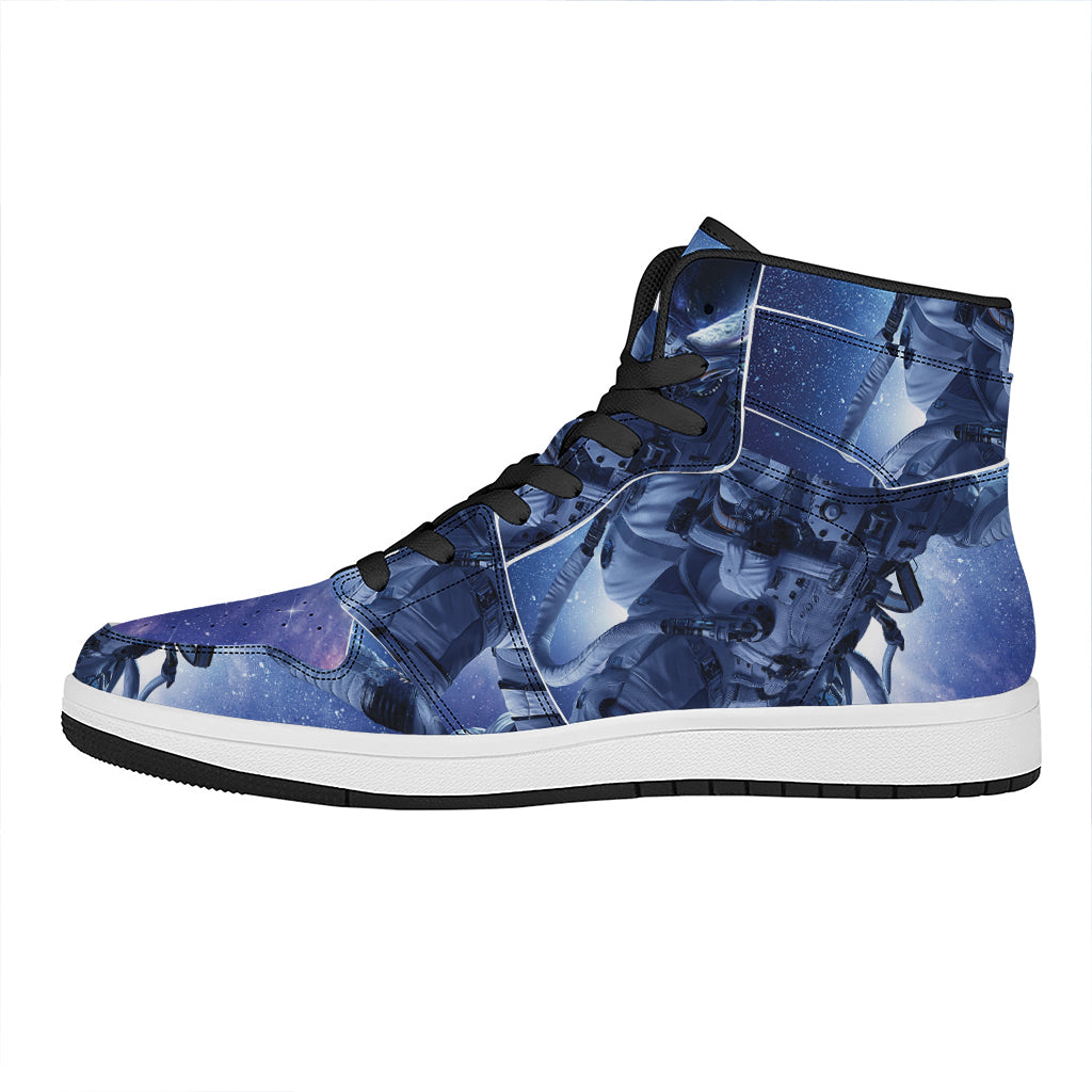 Astronaut On Space Mission Print High Top Leather Sneakers