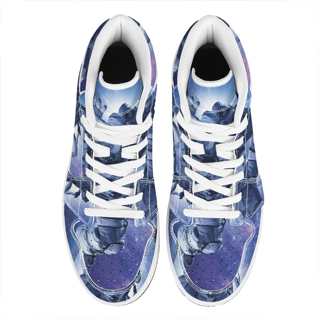 Astronaut On Space Mission Print High Top Leather Sneakers