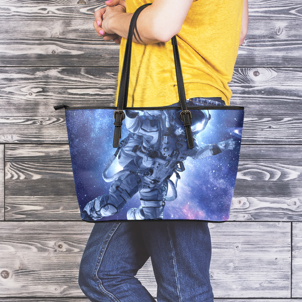Astronaut On Space Mission Print Leather Tote Bag