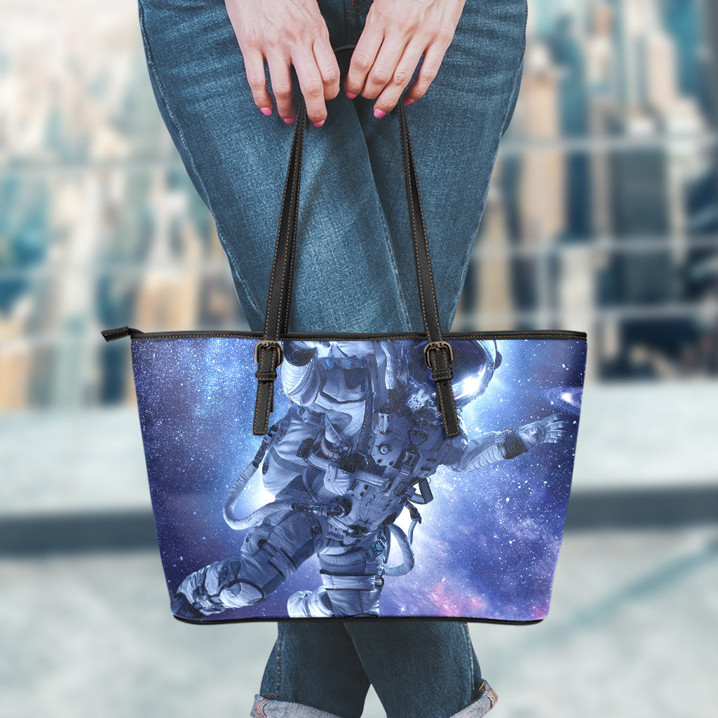 Astronaut On Space Mission Print Leather Tote Bag