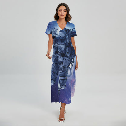Astronaut On Space Mission Print Short Sleeve Maxi Dress