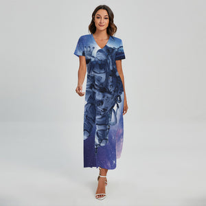 Astronaut On Space Mission Print Short Sleeve Maxi Dress