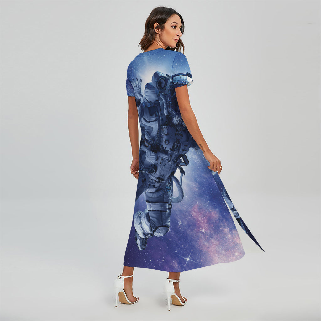 Astronaut On Space Mission Print Short Sleeve Maxi Dress