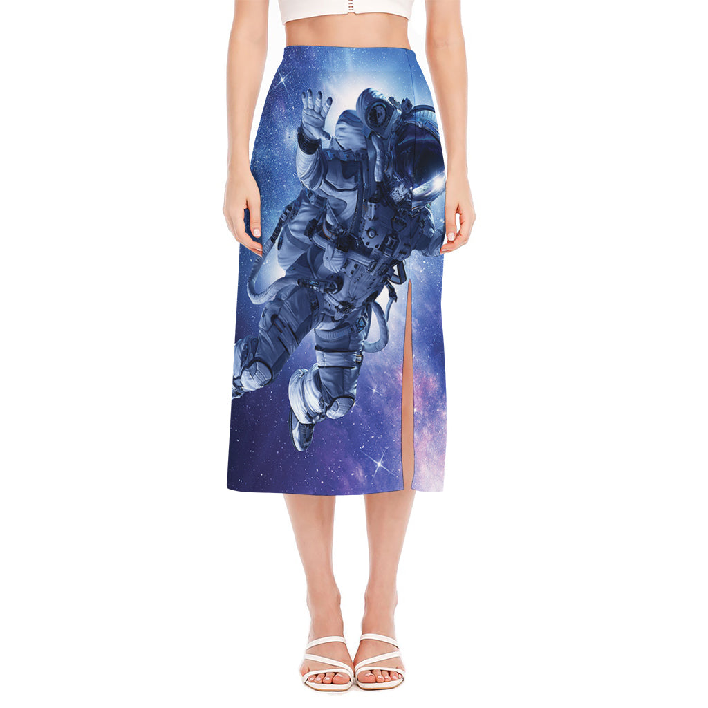 Astronaut On Space Mission Print Side Slit Midi Skirt