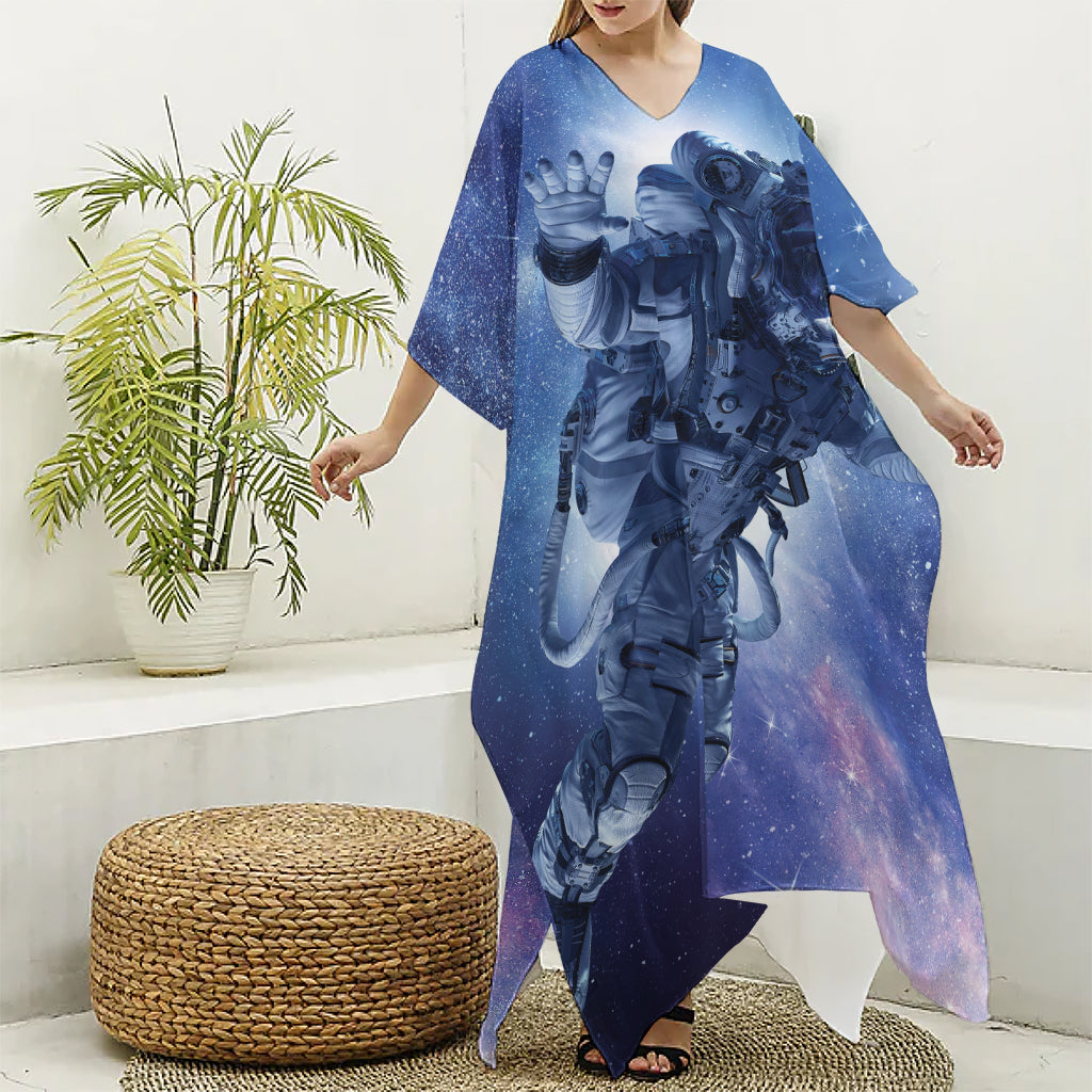 Astronaut On Space Mission Print Silk V-Neck Kaftan Dress