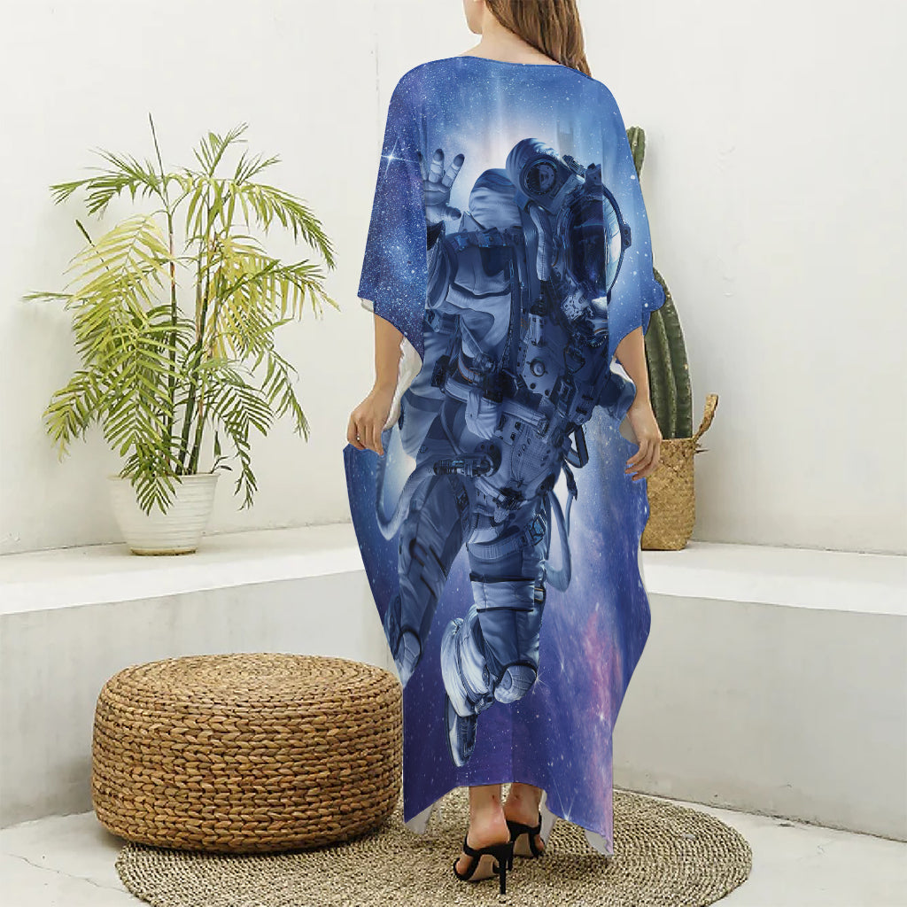 Astronaut On Space Mission Print Silk V-Neck Kaftan Dress