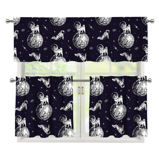 Astronaut Pug In Space Pattern Print 3 Piece Kitchen Curtains