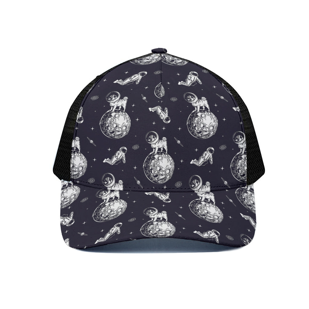 Astronaut Pug In Space Pattern Print Black Mesh Trucker Cap