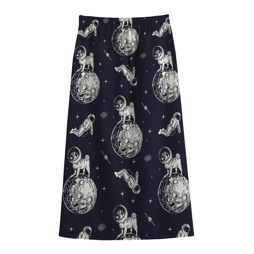 Astronaut Pug In Space Pattern Print Cotton Front Slit Maxi Skirt