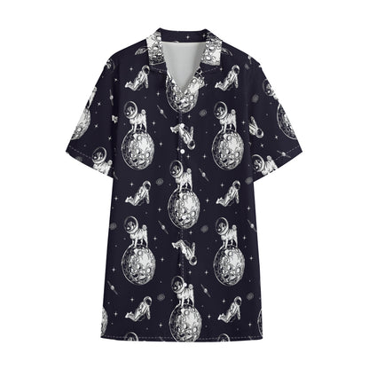 Astronaut Pug In Space Pattern Print Cotton Hawaiian Shirt