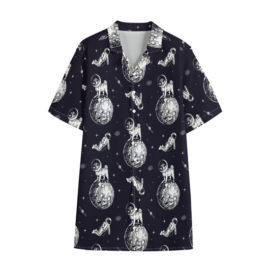 Astronaut Pug In Space Pattern Print Cotton Hawaiian Shirt