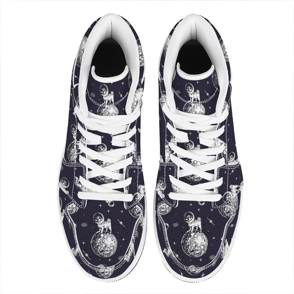 Astronaut Pug In Space Pattern Print High Top Leather Sneakers