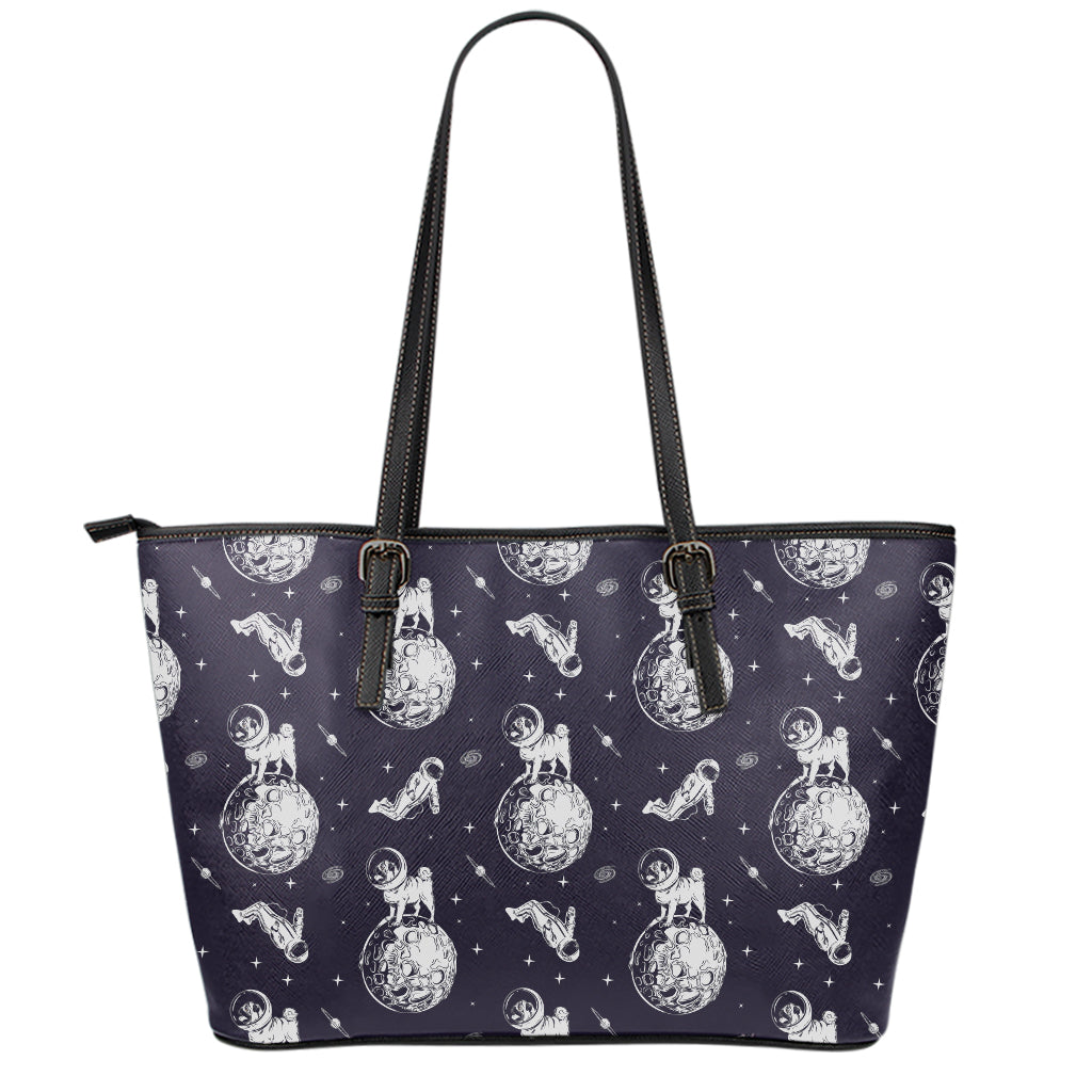 Astronaut Pug In Space Pattern Print Leather Tote Bag