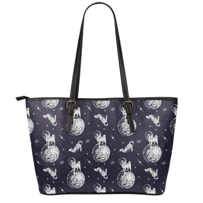 Astronaut Pug In Space Pattern Print Leather Tote Bag