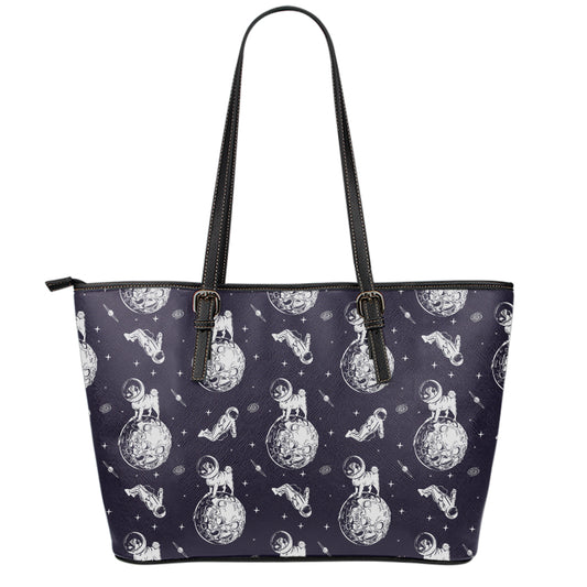 Astronaut Pug In Space Pattern Print Leather Tote Bag