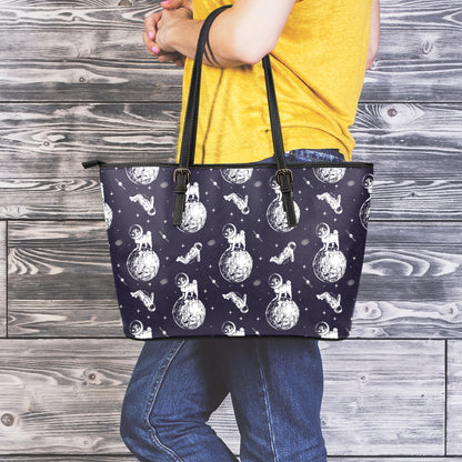 Astronaut Pug In Space Pattern Print Leather Tote Bag